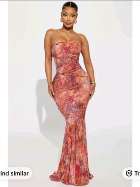Fashion Nova Strapless Floral Mermaid Dress in Rust and Pink Tones